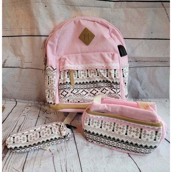 Bohemian Style Pink Backpack With Lumch Box Pencil Case - Picture 1 of 15